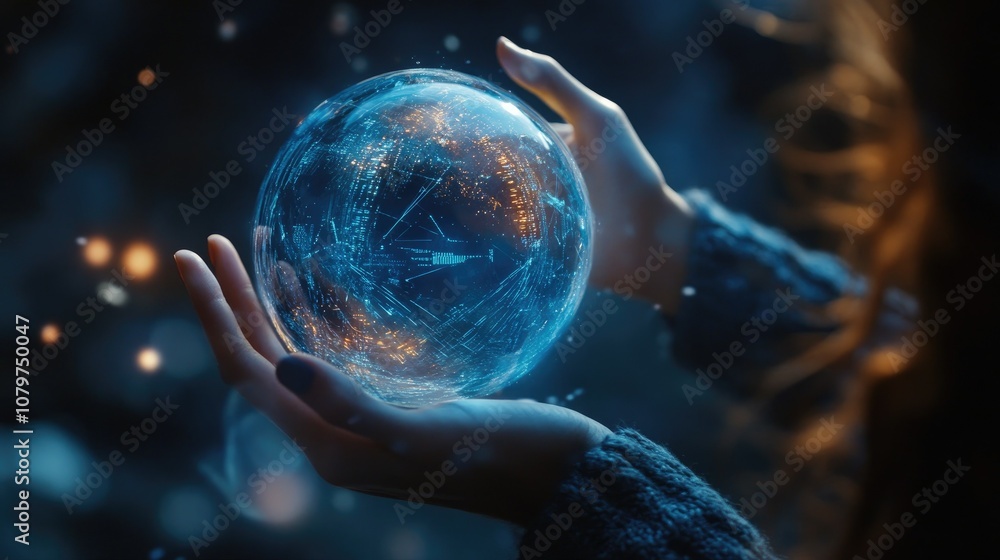 Poster close-up of a woman's hand holding a holographic globe with digital content streams, symbolizing the