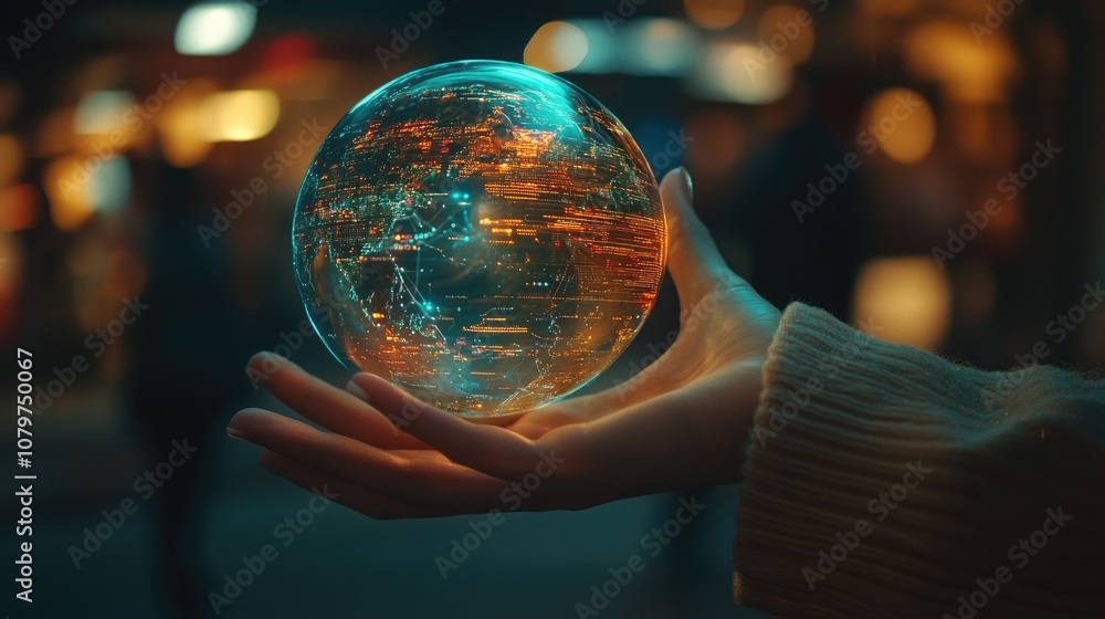 Poster close-up of a woman's hand holding a holographic globe with digital content streams, symbolizing the