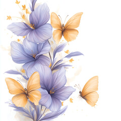 Obraz premium Purple flowers with yellow butterflies on a white background.