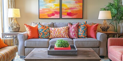 A beautifully decorated living room with trendy furniture, colorful cushions, and stylish wall art.