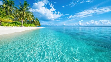 Fototapeta premium A tropical island adventure destination, with crystal-clear waters, palm trees, and white sandy beaches.