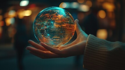 Fototapeta premium Close-up of a woman's hand holding a holographic globe with digital content streams, symbolizing the global flow of information