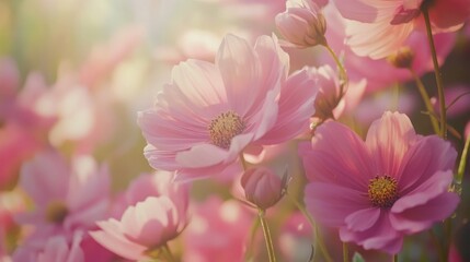 Fototapeta premium Close-up of beautiful cosmos flowers in soft shades of pink, set against a vibrant summer backdrop, capturing the natural beauty of the blooms