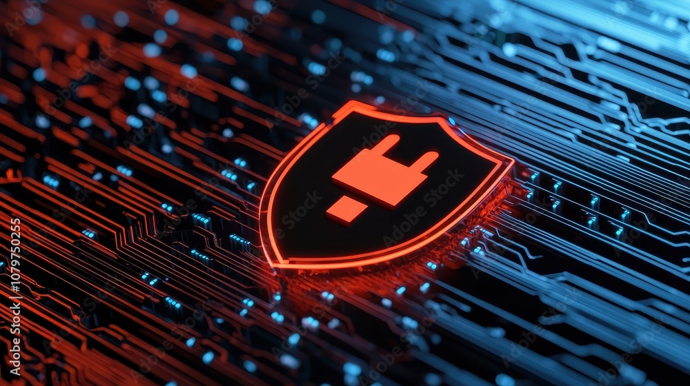 Poster a glowing shield icon representing cybersecurity, set against a background of digital circuitry with
