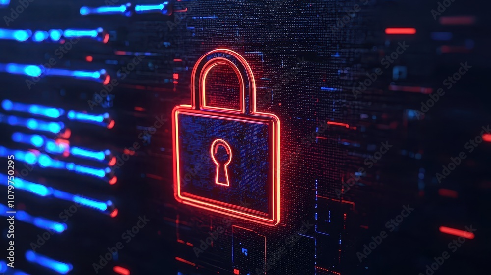 Poster a digital lock icon glows in red against a backdrop of blue data streams, symbolizing cybersecurity 