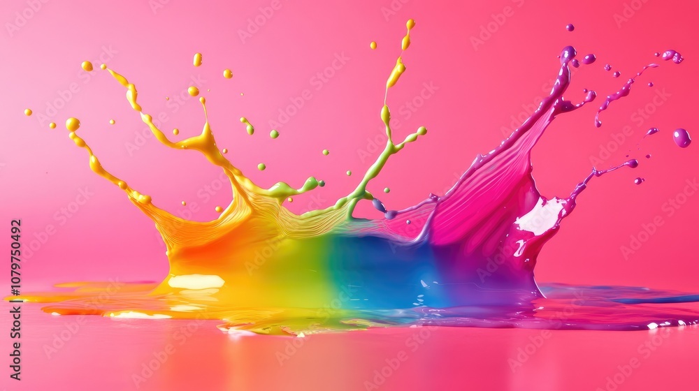 Poster Dynamic abstract liquid splashes in a rainbow of colors against a bright pink backdrop, adding a sense of motion and energy in 3D form