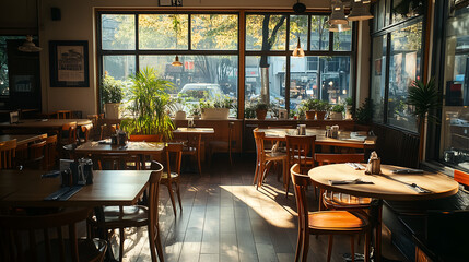 Fototapeta premium empty restaurant with wooden tables and chairs, taken during the day with natural light streaming in through large windows.
