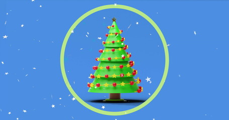 Image of stars and christmas tree in circle on blue background