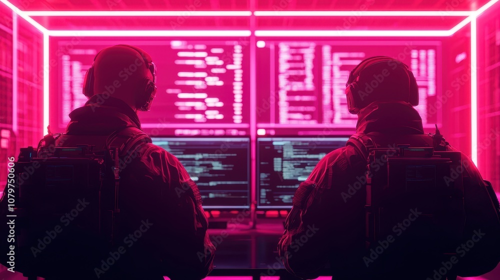 Poster a futuristic scene showing two figures in headphones engaged in intense coding, surrounded by vibran