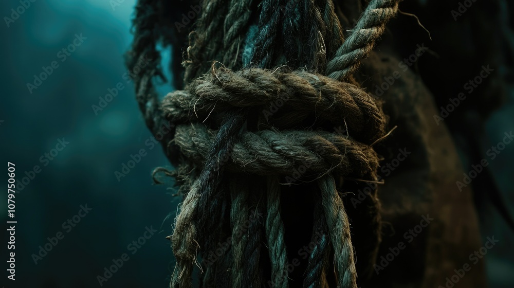Aufkleber frayed thick rope with loose fibers against a dark, moody backdrop, creating a bold and rustic visua