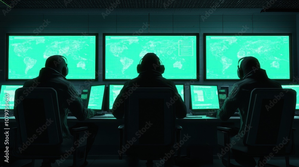 Poster three individuals monitor multiple green screens in a dimly lit control room, analyzing data and ove
