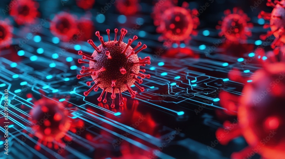 Poster a digital representation of viruses on a circuit board, highlighting the intersection of health and 