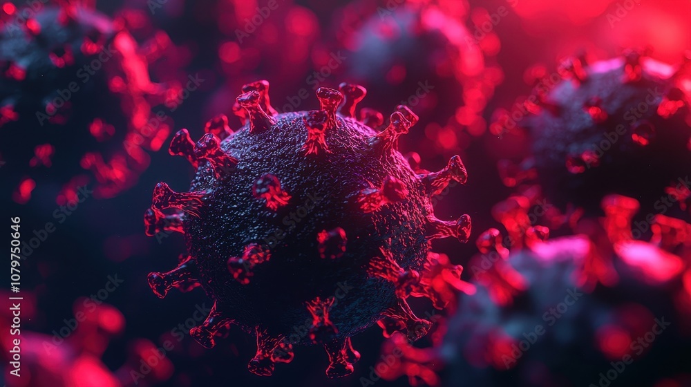 Poster a close-up view of a virus, featuring vibrant red and black colors, highlighting its complex structu