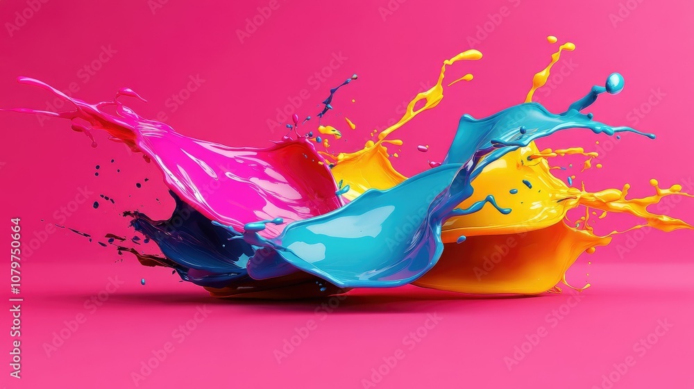 Poster liquid splashes in bright colors against a bold pink background, designed in a 3d abstract style, cr