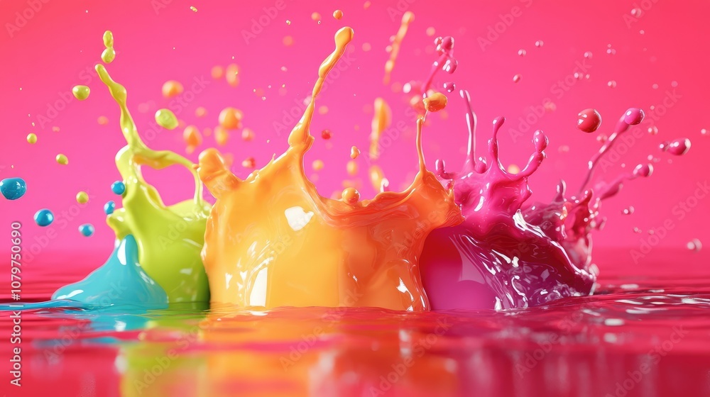 Poster liquid splashes in bright colors against a bold pink background, designed in a 3d abstract style, cr