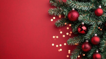 A festive corner featuring a green pine tree adorned with red ornaments and twinkling lights against a vibrant red background.