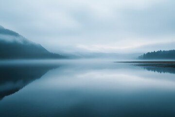 Obraz premium Tranquil morning mist over a still lake with mountains in the background.