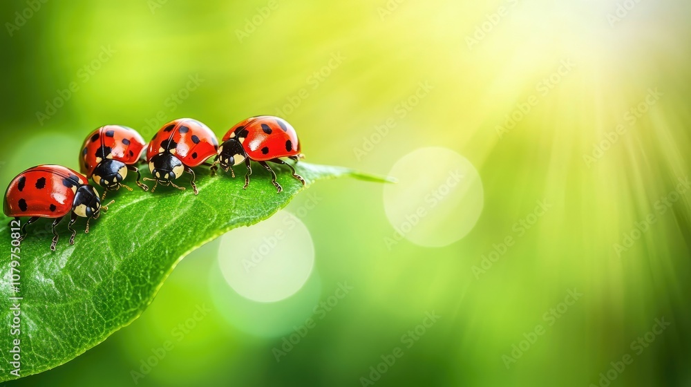 Poster multiple ladybugs gathering on a green leaf against a blurred green backdrop, creating a peaceful, n