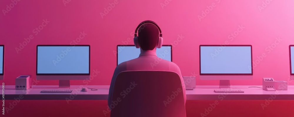 Poster a person with headphones sits at a desk facing multiple computer screens, surrounded by a colorful, 