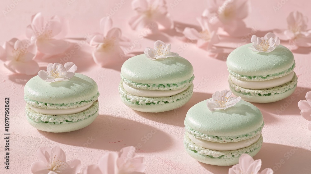 Poster soft and romantic floral macarons with a hint of mint placed artfully on a pale pink textured surfac