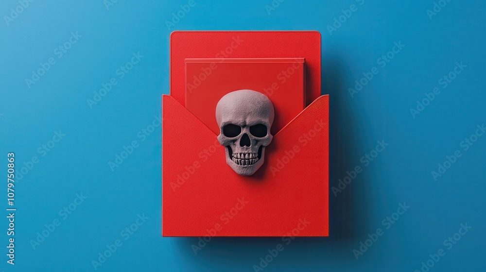 Poster a striking image featuring a skull on a vibrant red background, emphasizing themes of mortality and 