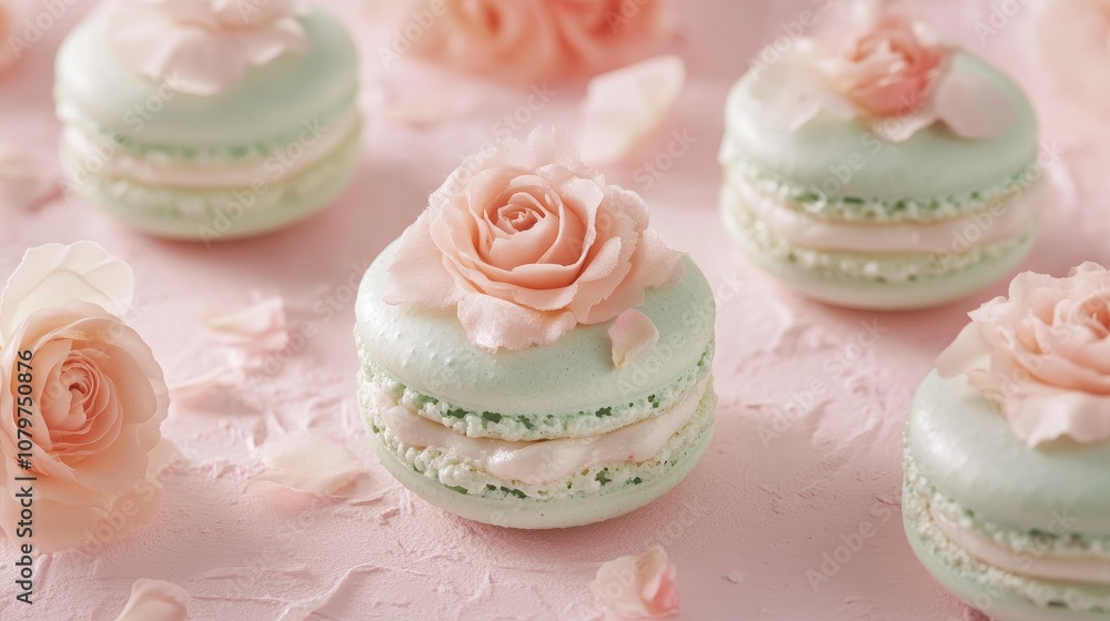 Poster soft and romantic floral macarons with a hint of mint placed artfully on a pale pink textured surfac