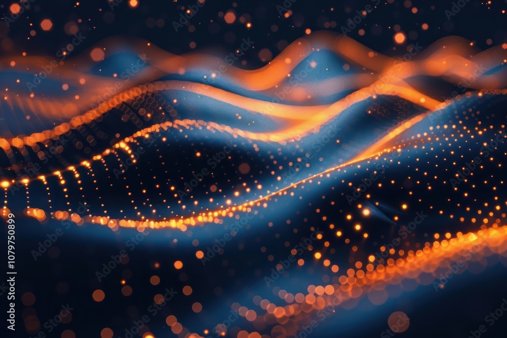 Poster 3d wave curve abstract background with lights and bokeh, wallpaper