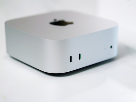 BANGKOK, THAILAND - NOV 14, 2024 : New Apple Mac Mini (2024). Latest Mac Mini model has been downsized to a 5-inch square, featuring the powerful M4 and M4 Pro Chip for integrated Apple Intelligence.