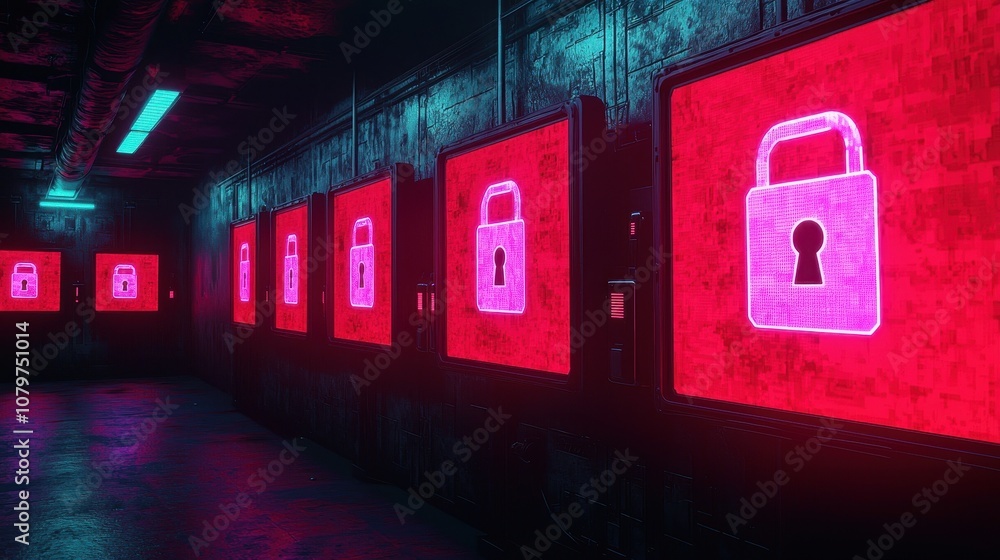 Poster a corridor with illuminated red screens displays padlock icons, suggesting a theme of security and d