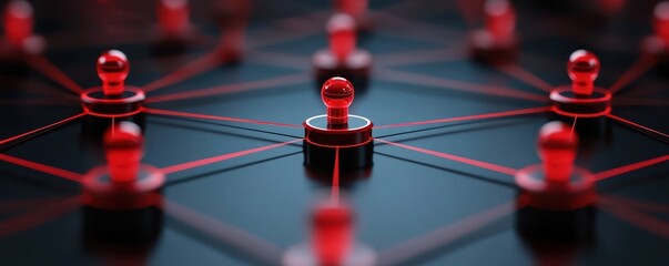 A network of interconnected red nodes centered around a prominent piece, symbolizing collaboration and connectivity in digital environments.