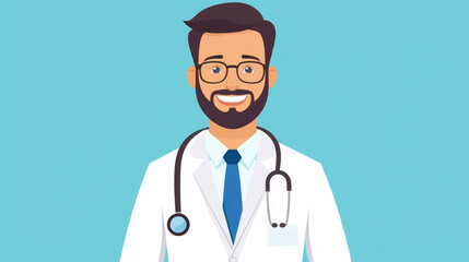 Fototapeta premium Medicare insurance and network concept. Smiling doctor in white coat with stethoscope, conveying care