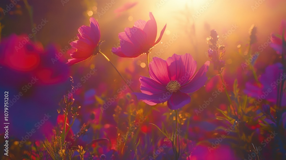 Poster vibrant light and deep pink cosmos flowers blooming in a summer field, creating a colorful and livel