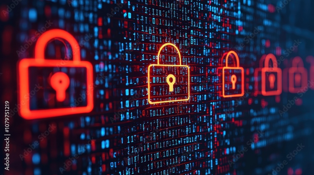 Poster a digital background featuring glowing padlocks against a backdrop of binary code, symbolizing cyber