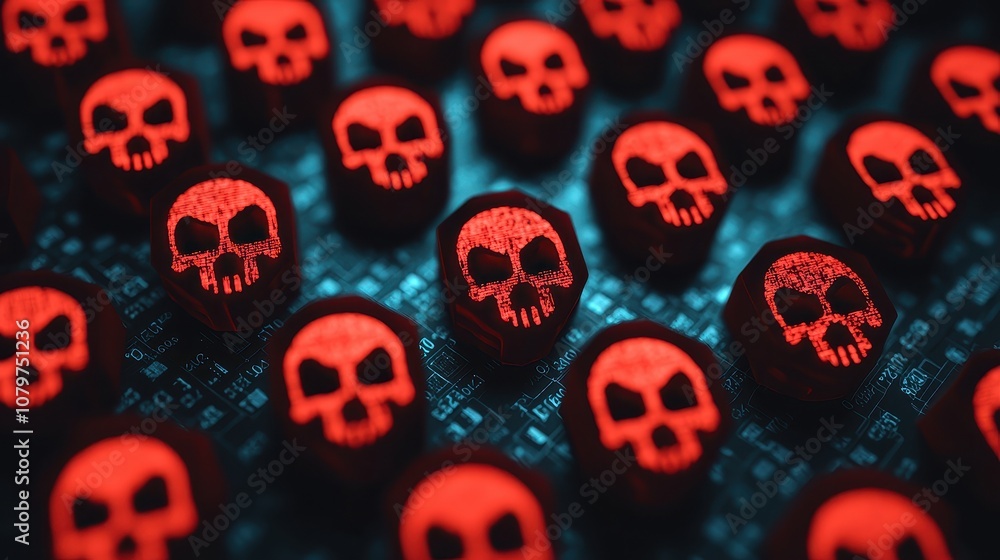 Poster a collection of skull-shaped objects glowing in red against a dark background, creating a striking a