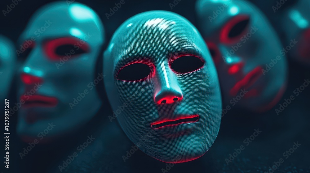 Poster a collection of abstract masks displays intricate patterns with glowing accents, creating a surreal 