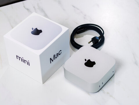 BANGKOK, THAILAND - NOV 14, 2024 : New Apple Mac Mini (2024). Latest Mac Mini model has been downsized to a 5-inch square, featuring the powerful M4 and M4 Pro Chip for integrated Apple Intelligence.