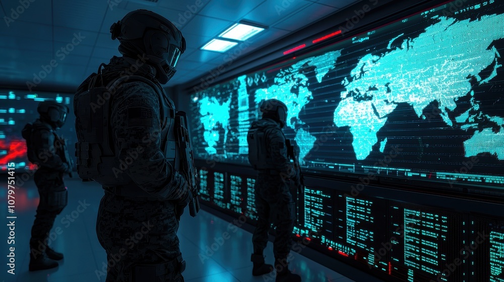 Poster a high-tech military room with soldiers monitoring glowing screens displaying world maps and data, e