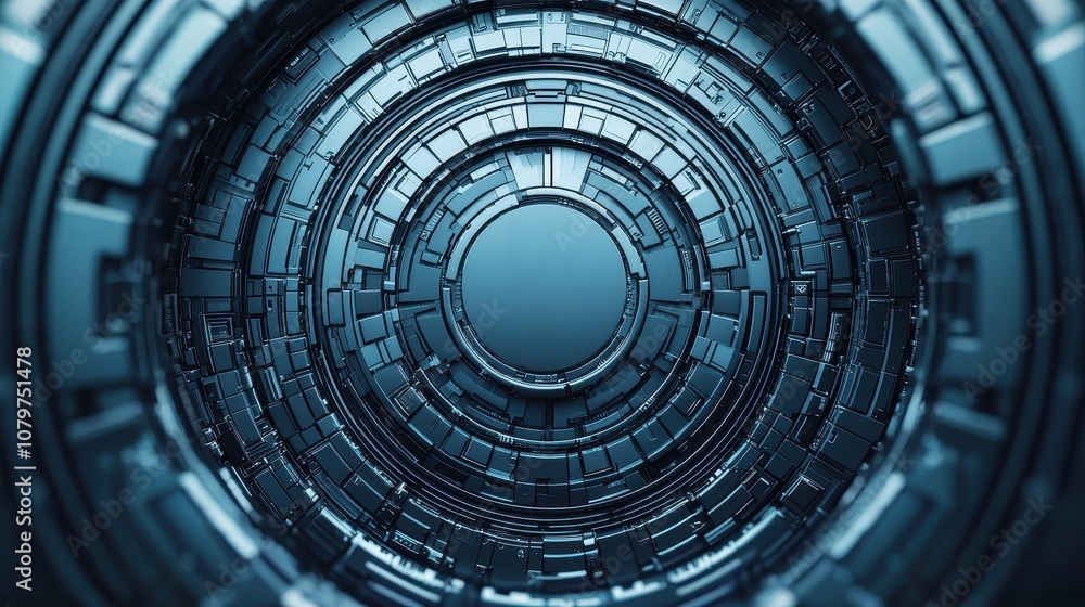 Poster a futuristic, circular design featuring intricate patterns and a metallic texture, conveying a high-