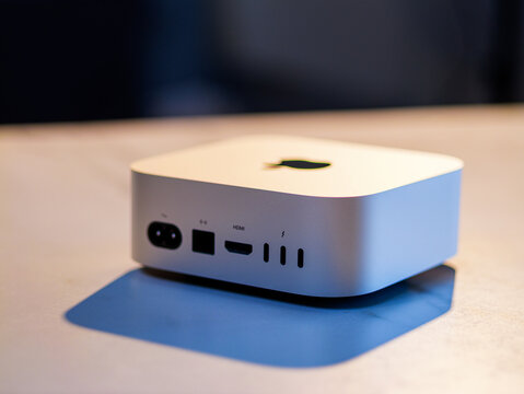 BANGKOK, THAILAND - NOV 14, 2024 : New Apple Mac Mini (2024). Latest Mac Mini model has been downsized to a 5-inch square, featuring the powerful M4 and M4 Pro Chip for integrated Apple Intelligence.