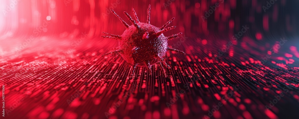 Poster a vibrant, abstract depiction of a virus surrounded by glowing particles, emphasizing themes of scie