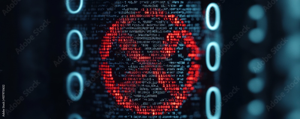 Poster a digital display featuring a warning symbol in red, surrounded by binary code, conveying a sense of