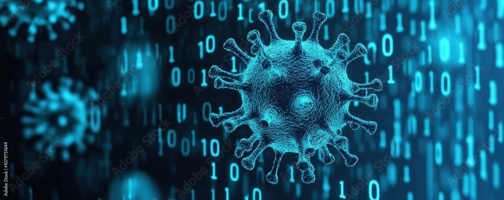 Poster a digital representation of a virus surrounded by binary code, symbolizing the intersection of biolo