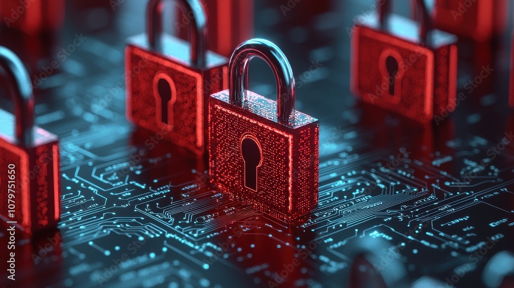 Poster a digital scene featuring glowing red padlocks on a circuit board, symbolizing cybersecurity and dat