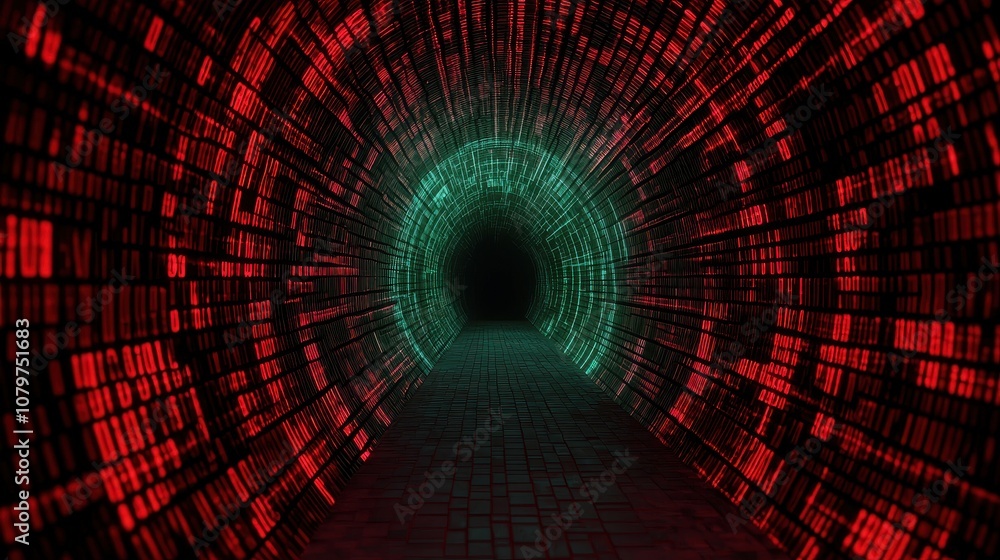 Poster a vibrant, futuristic tunnel illuminated in red and green lights, creating a visually striking digit