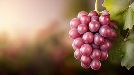 A cluster of ripe purple grapes hanging from a vine, illuminated by soft light, with a blurred green background.