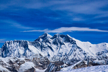 Spectacular view of lenticular clouds and jet stream on top of Mount Everest Summit,8848m,...