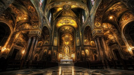 Fototapeta premium A grand interior of a church featuring ornate decorations and a central altar.