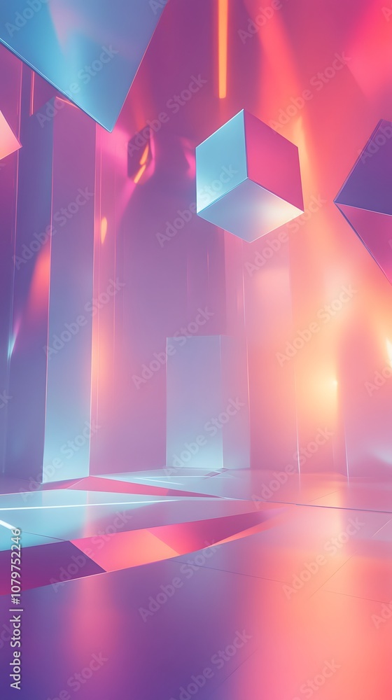 Poster 76. a dynamic 3d space with floating geometric shapes, glowing edges, and ample vertical space for a