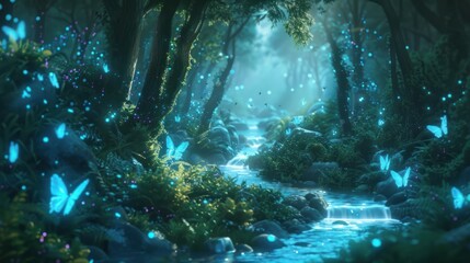 A forest with a small stream winding through it, teeming with tiny glowing creatures. The soft glow illuminates the dark surroundings, creating a magical, enchanting atmosphere in the night.