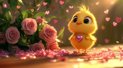Adorable Chick with Pink Heart and Roses
